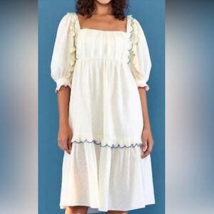 FARM Rio Cream Midi Dress with Blue Accents